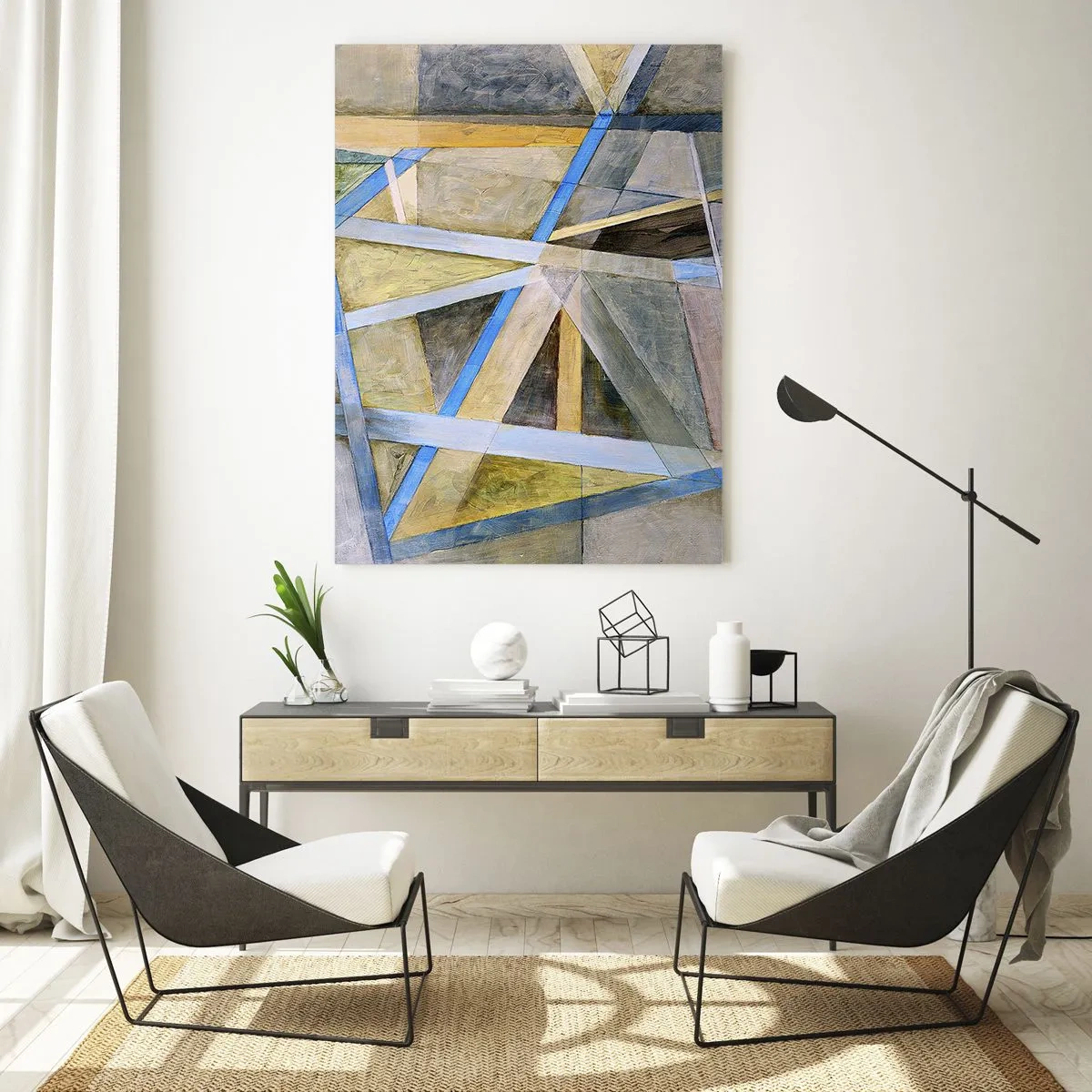Impression sur verre - Image sur verre - Composition géométrique avec des lignes claires et bleues - 80x120cm - Tout droit ou en diagonale ? - Décoration murale moderne pour le salon et la chambre ARTTOR
