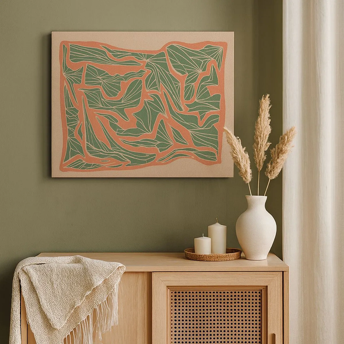 Impression sur toile - Image sur toile - Un motif végétal dans les tons de vert et d'orange - 70x50cm - La lutte entre le corail et la verdure - Décoration murale moderne pour le salon et la chambre ARTTOR