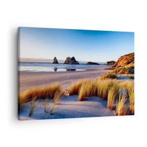 Impression sur toile - Image sur toile - Une plage pittoresque avec vue sur les rochers et la mer au coucher du soleil - 70x50cm - Pour les chercheurs de paix - Décoration murale moderne pour le salon et la chambre ARTTOR