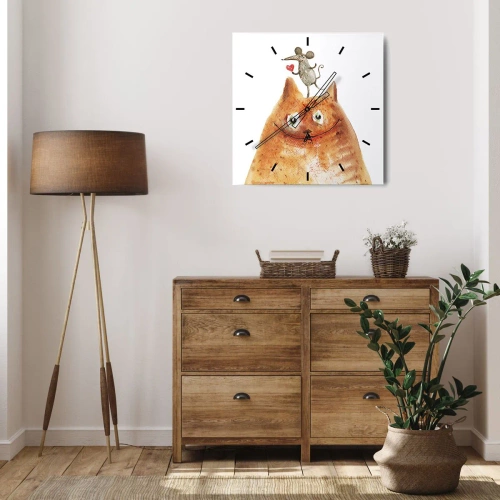 Horloge murale - Pendule murale - Un dessin d'un chat avec une souris sur la tête tenant un cœur - 30x30cm - Amour paradoxal - Décoration murale moderne pour le salon et la chambre ARTTOR