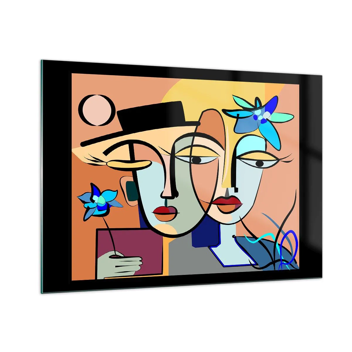Impression sur verre - Image sur verre - Visages colorés de style cubiste avec des fleurs - 100x70cm - Le Rendez-vous de Picasso - Décoration murale moderne pour le salon et la chambre ARTTOR
