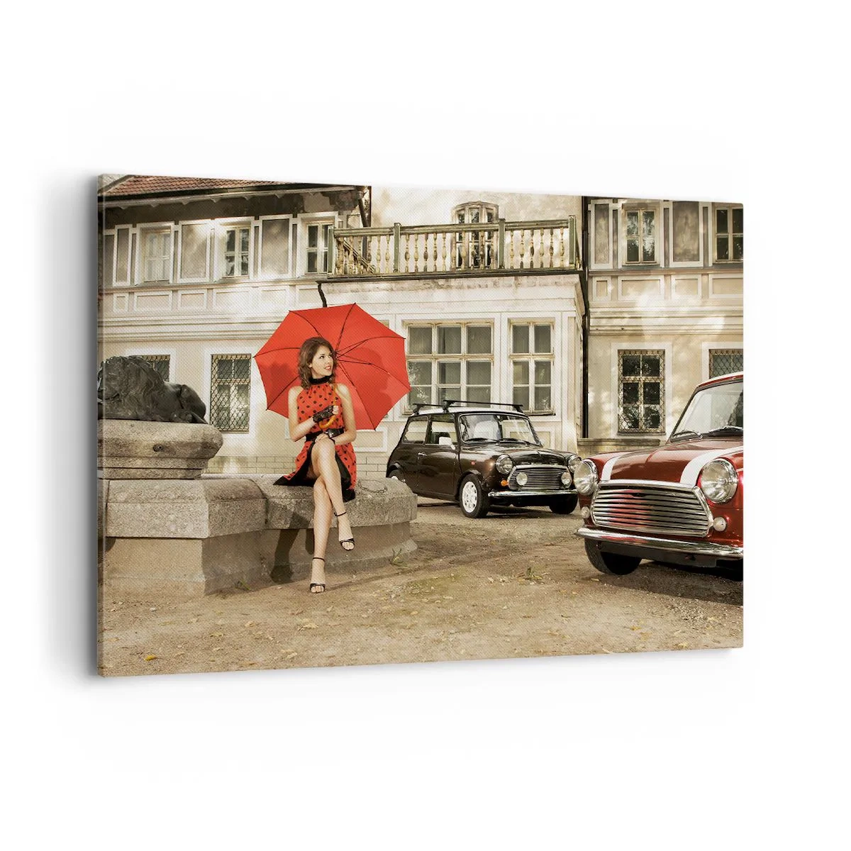 Impression sur toile - Image sur toile - Femme avec un parapluie rouge par des voitures classiques - 100x70cm - Un mini-voyage sentimental - Décoration murale moderne pour le salon et la chambre ARTTOR