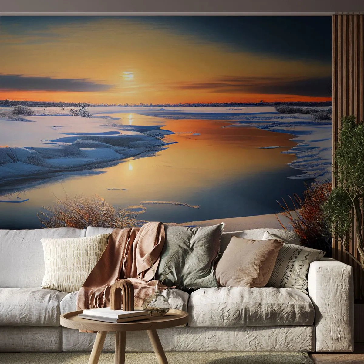 Papier Peint Photo Premium Sand - Coucher de soleil d'hiver - Hiver, Rivière, Paysage - 350x256 cm