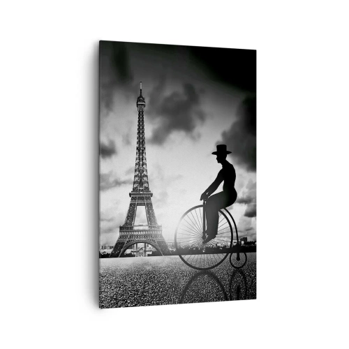 Impression sur toile - Image sur toile - Image en noir et blanc d'un vélo rétro avec la tour Eiffel en arrière-plan - 80x120cm - Nostalgie de la Belle Epoque - Décoration murale moderne pour le salon et la chambre ARTTOR