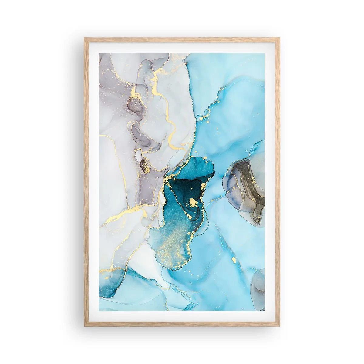 Affiche dans un chêne clair - Poster - Etude de la rencontre gris et turquoise - 61x91 cm