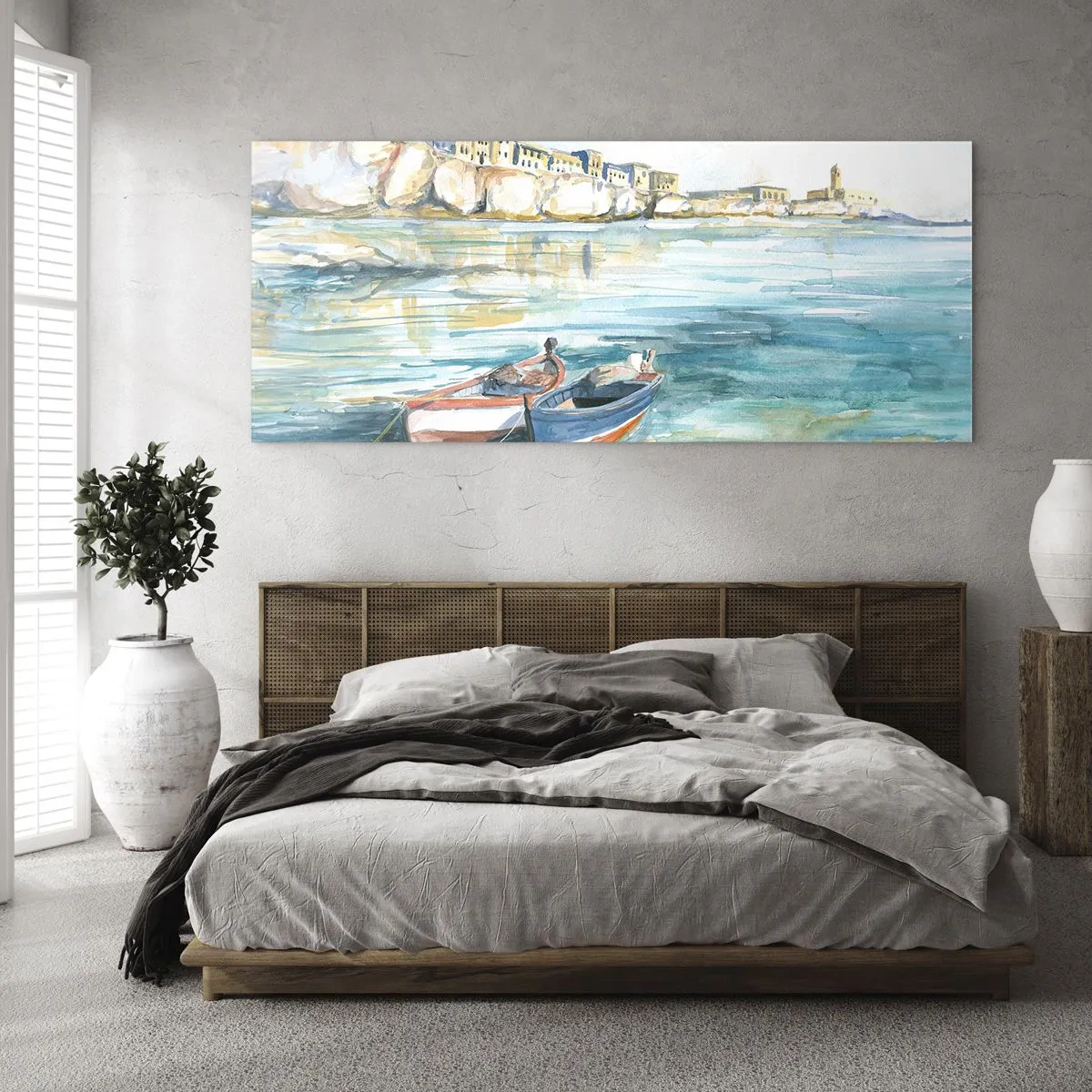 Impression sur verre - Image sur verre - Un paysage balnéaire pittoresque avec des bateaux sur l'eau - 140x50cm - Paysage dans l'azur - Décoration murale moderne pour le salon et la chambre ARTTOR