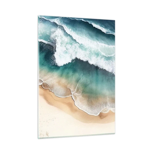 Impression sur verre - Image sur verre - Les vagues de l'océan s'écrasent sur une plage de sable doré - 50x70cm - La rencontre éternelle - Décoration murale moderne pour le salon et la chambre ARTTOR
