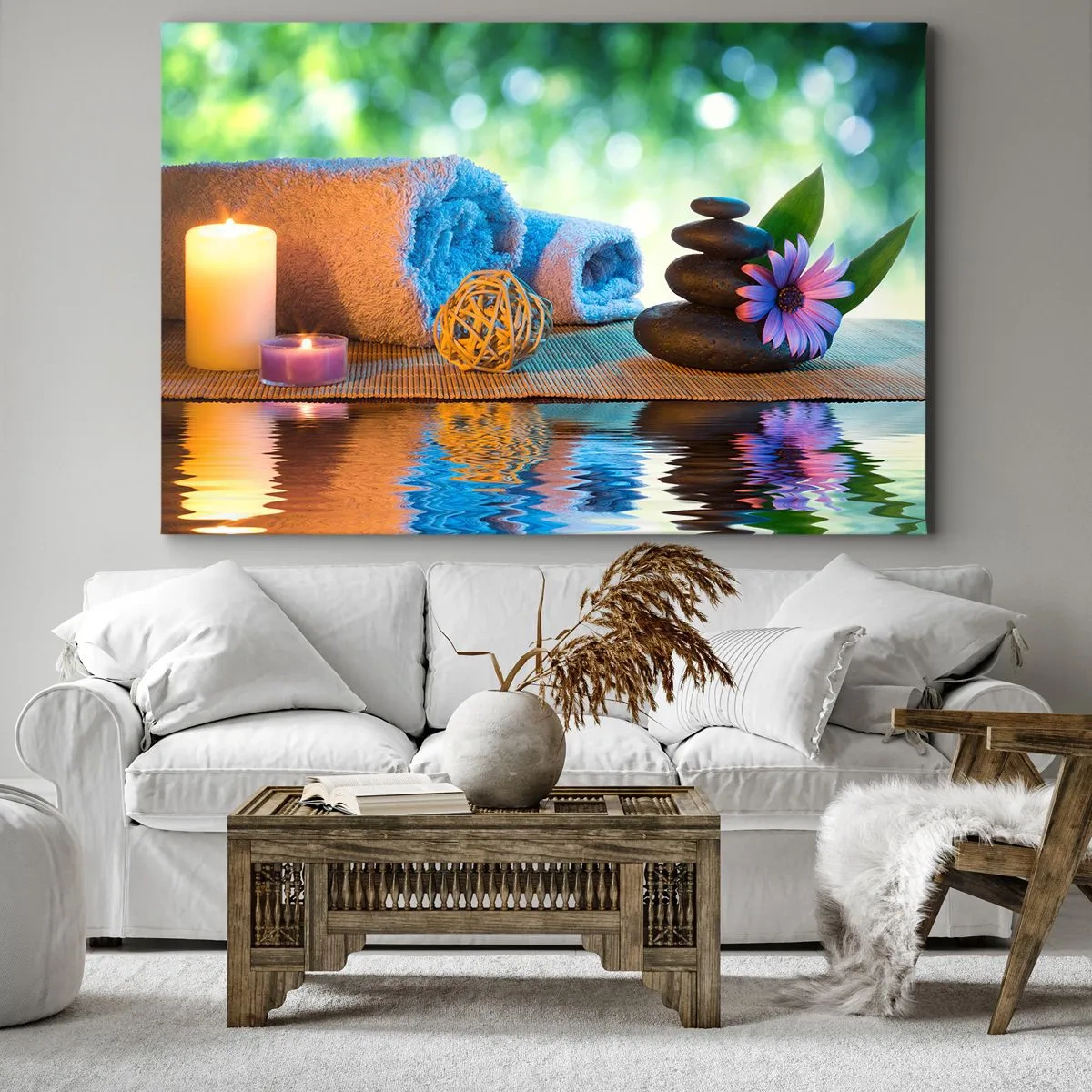 Impression sur toile - Image sur toile - Ensemble SPA relaxant avec serviettes, bougies et pierres - 120x80cm - Temps pour le corps - Décoration murale moderne pour le salon et la chambre ARTTOR
