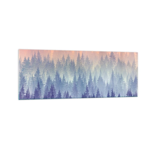 Impression sur verre - Image sur verre - Une forêt brumeuse aux tons violets et orange - 140x50cm - Haut, plus haut, vers le ciel - Décoration murale moderne pour le salon et la chambre ARTTOR