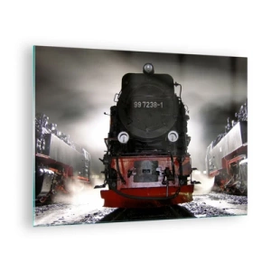 Impression sur verre - Image sur verre - Une locomotive à vapeur entourée de vapeur et de lumière - 70x50cm - Il se lève et siffle, halète et souffle - Décoration murale moderne pour le salon et la chambre ARTTOR