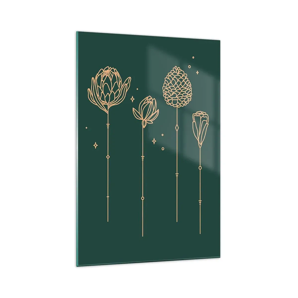 Impression sur verre - Image sur verre - Dessins dorés d'herbes sur fond vert foncé - 70x100cm - La famille Plante - Décoration murale moderne pour le salon et la chambre ARTTOR