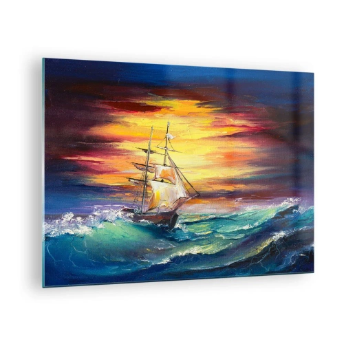 Impression sur verre - Image sur verre - Un navire sur une mer agitée au coucher du soleil - 70x50cm - Courageusement sous les vagues - Décoration murale moderne pour le salon et la chambre ARTTOR