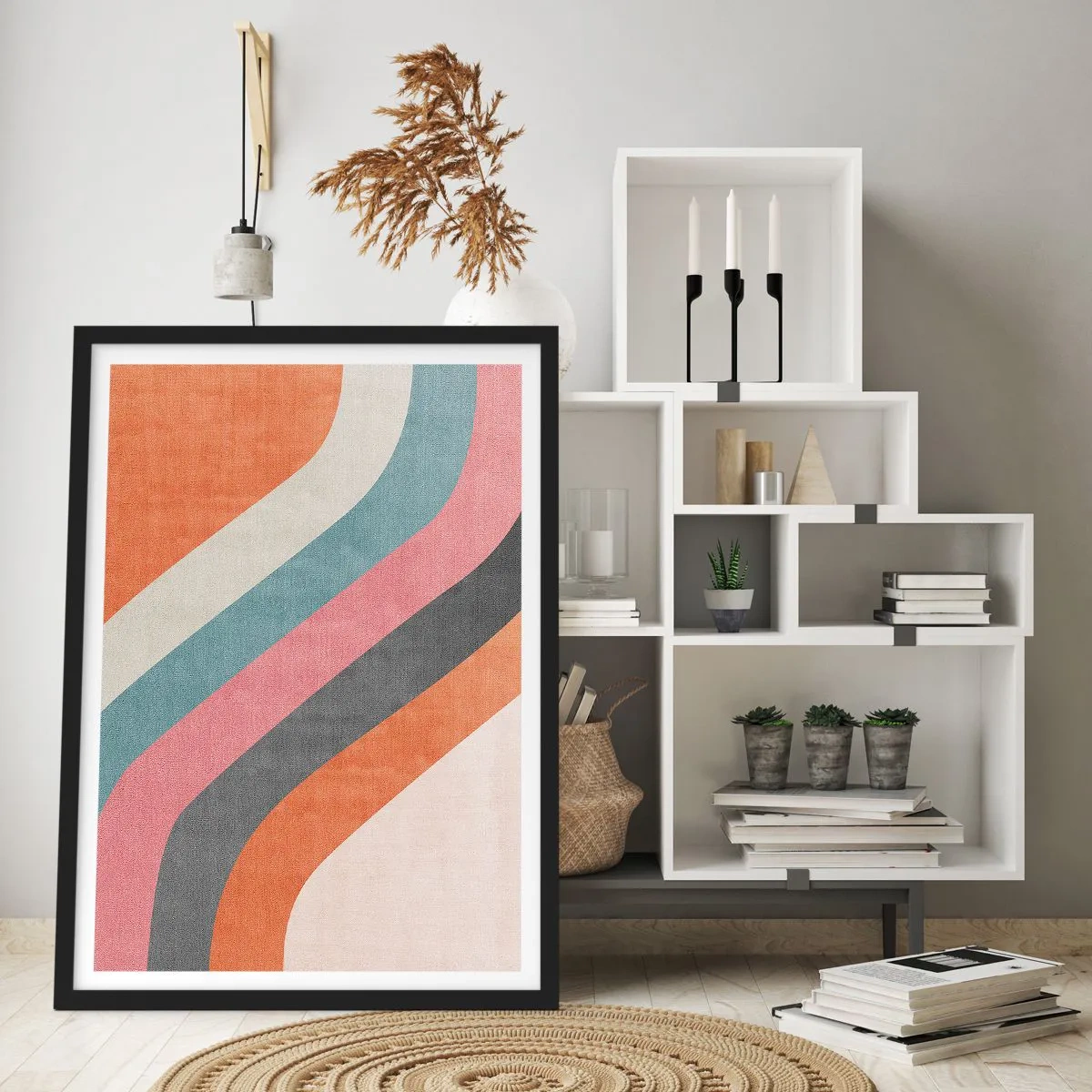 Affiche dans un cadre noir - Poster - Rayures géométriques rétro - 50x70cm - Composition diagonale – mouvement - Décoration murale moderne pour le salon et la chambre ARTTOR