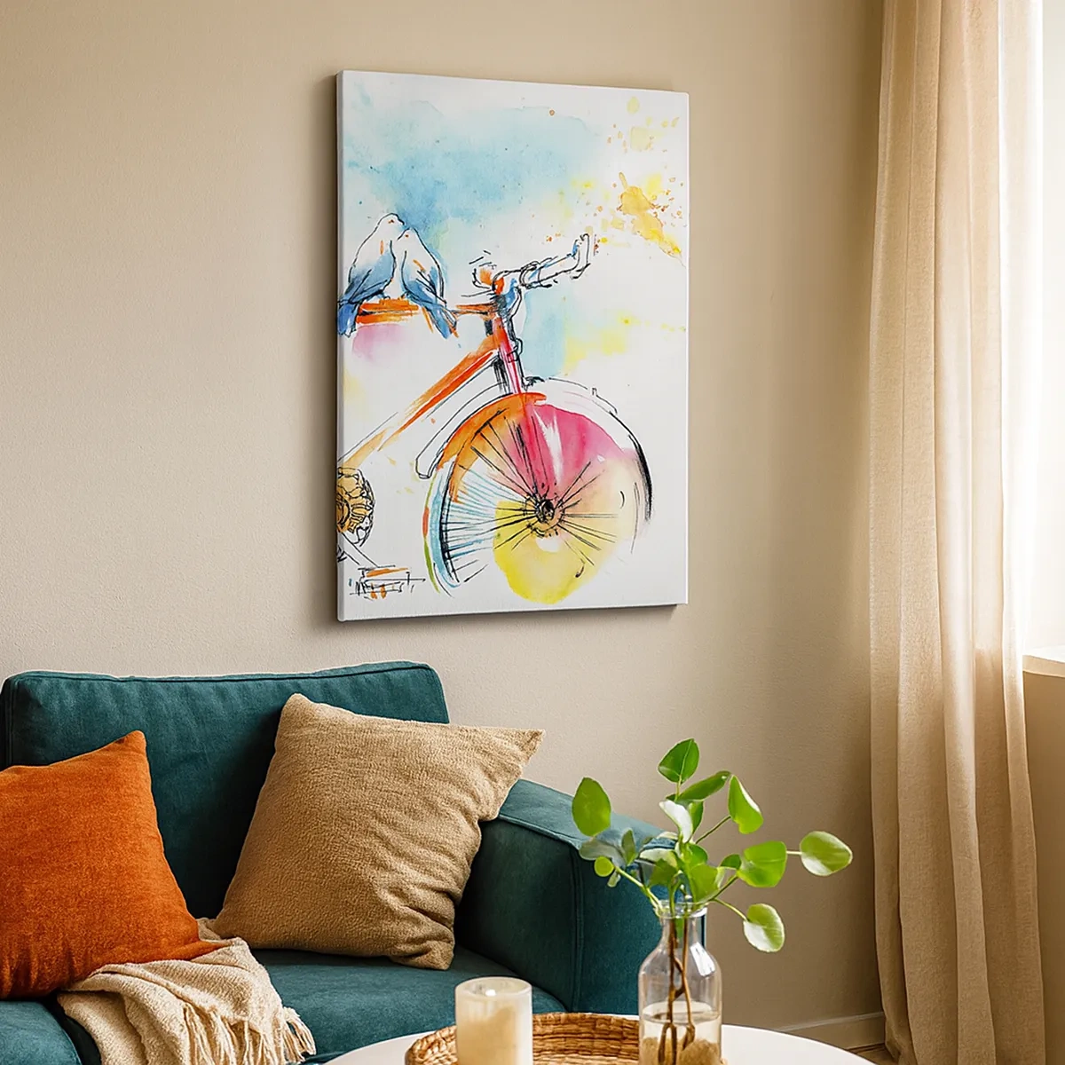 Impression sur toile - Image sur toile - Aquarelle colorée d'un vélo avec des oiseaux assis dessus - 50x70cm - À deux en vélo - Décoration murale moderne pour le salon et la chambre ARTTOR