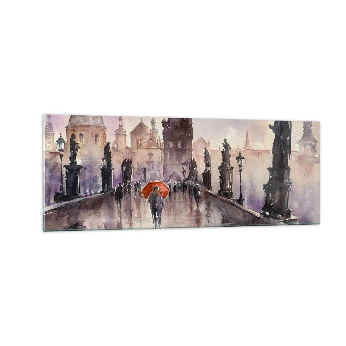 Impression sur verre - Image sur verre - Vue romantique d'un pont avec un parapluie sur fond de ville en soirée - 140x50cm - Les gens ne changent pas - Décoration murale moderne pour le salon et la chambre ARTTOR