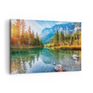 Impression sur toile - Image sur toile - Un lac pittoresque entouré de montagnes et de forêts - 100x70cm - Douceur automnale - Décoration murale moderne pour le salon et la chambre ARTTOR