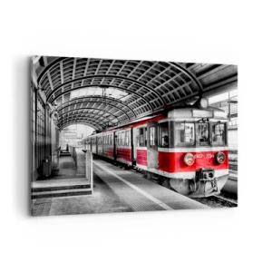 Impression sur toile - Image sur toile - Train rouge à la gare sous un toit - 120x80cm - C'est peut-être le voyage de votre vie ? - Décoration murale moderne pour le salon et la chambre ARTTOR