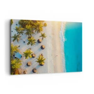 Impression sur toile - Image sur toile - Vue d'une plage tropicale avec des palmiers et une mer turquoise - 100x70cm - Bienvenue au paradis - Décoration murale moderne pour le salon et la chambre ARTTOR