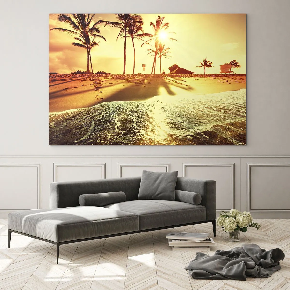 Impression sur verre - Image sur verre - Plage dorée avec palmiers au coucher du soleil et mer calme - 120x80cm - Après-midi californien - Décoration murale moderne pour le salon et la chambre ARTTOR