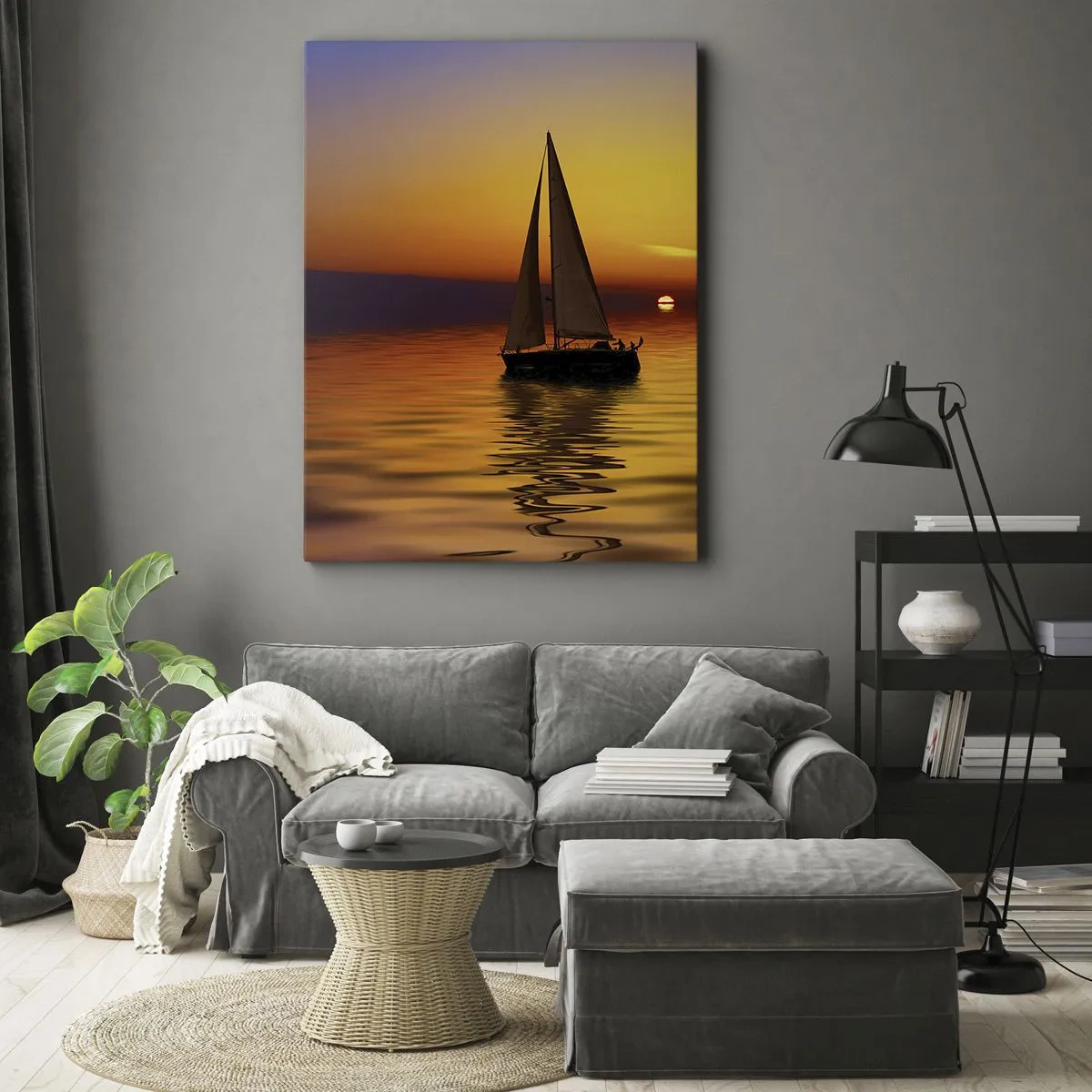 Impression sur toile - Image sur toile - Un voilier sur une mer calme au coucher du soleil - 80x120cm - Comme c'est calme au crépuscule… - Décoration murale moderne pour le salon et la chambre ARTTOR