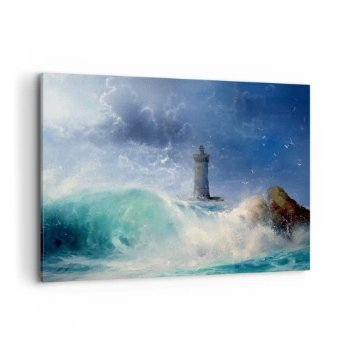 Impression sur toile - Image sur toile - Un phare entouré de vagues agitées et de nuages - 100x70cm - En garde contre les éléments - Décoration murale moderne pour le salon et la chambre ARTTOR