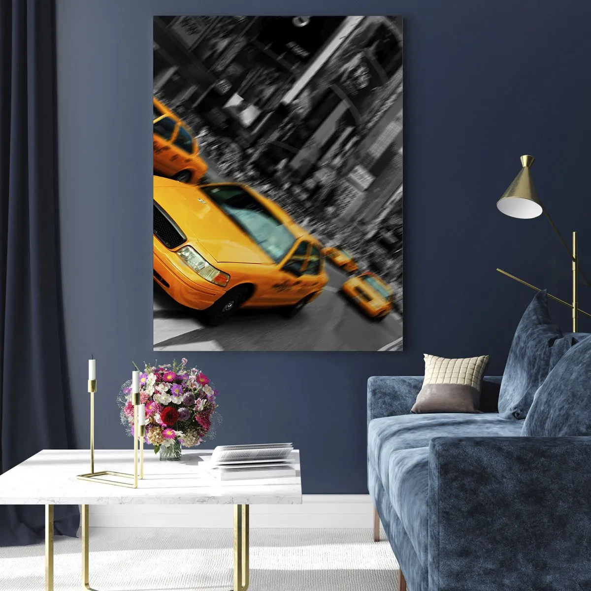 Impression sur verre - Image sur verre - Des taxis jaunes à une intersection très fréquentée de la ville - 70x100cm - Gouttes de soleil New-Yorkaise - Décoration murale moderne pour le salon et la chambre ARTTOR