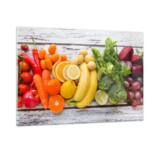 Impression sur verre - Image sur verre - Fruits et légumes colorés disposés sur une table en bois - 120x80cm - Ce n'est pas suffisant? - Décoration murale moderne pour le salon et la chambre ARTTOR