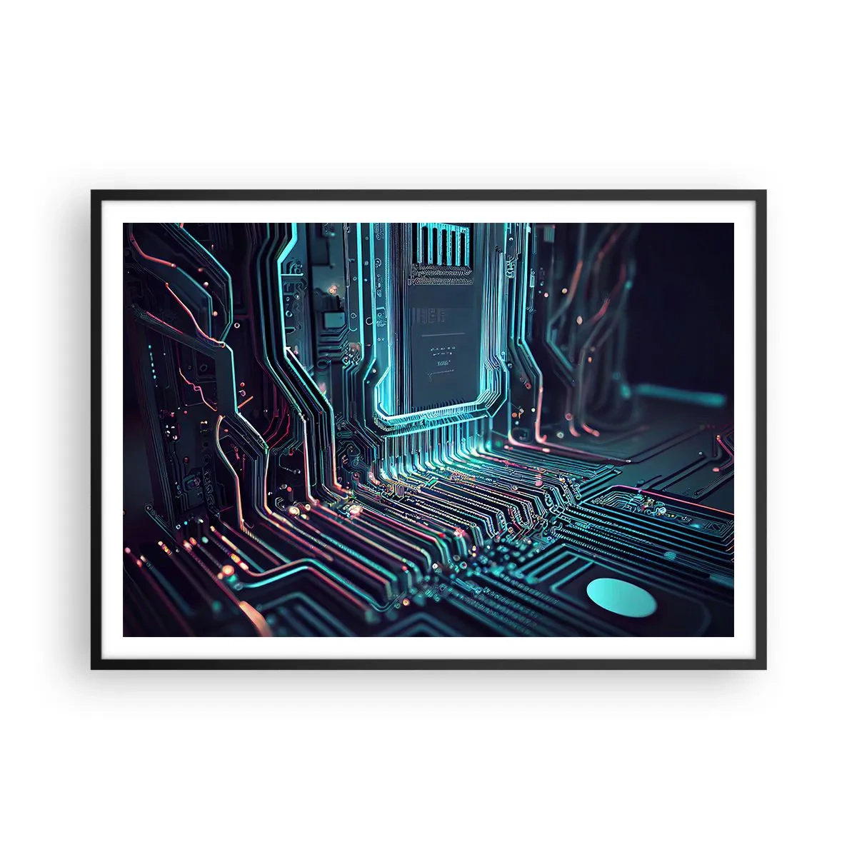 Affiche dans un cadre noir - Poster - Circuit imprimé technologique avec pistes lumineuses - 100x70cm - Je pense comme ça… - Décoration murale moderne pour le salon et la chambre ARTTOR
