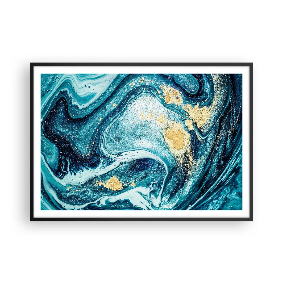 Affiche dans un cadre noir - Poster - Une composition abstraite de vagues et d'accents dorés - 100x70cm - Vortex bleu - Décoration murale moderne pour le salon et la chambre ARTTOR