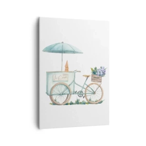 Impression sur toile - Image sur toile - Un vélo avec de la glace et des fleurs sous un parapluie aux couleurs pastel délicates - 50x70cm - Doux souvenir d'été - Décoration murale moderne pour le salon et la chambre ARTTOR