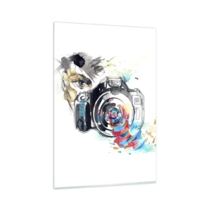 Impression sur verre - Image sur verre - Appareil photo aquarelle avec des détails colorés - 80x120cm - Dans l'oeil de l'objectif - Décoration murale moderne pour le salon et la chambre ARTTOR
