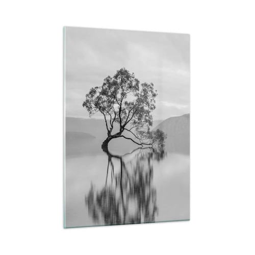 Impression sur verre - Image sur verre - Un arbre solitaire sur l'eau dans un paysage noir et blanc - 50x70cm - Un tel pays existe - Décoration murale moderne pour le salon et la chambre ARTTOR