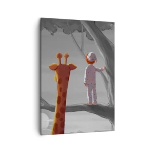 Impression sur toile - Image sur toile - Un enfant et une girafe sur une branche d'arbre dans un paysage de conte de fées - 50x70cm - Cela arrive vraiment - Décoration murale moderne pour le salon et la chambre ARTTOR