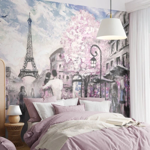Papier Peint Photo Premium Sand - Scène romantique à Paris avec la Tour Eiffel - 100x70cm - Comment tomber amoureu, il faut juste... - Décoration murale moderne pour le salon et la chambre ARTTOR