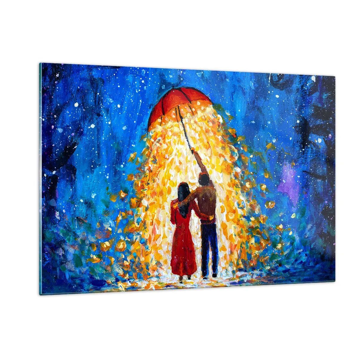 Impression sur verre - Image sur verre - Un couple sous un parapluie entouré d'une lumière dorée contre le ciel nocturne - 120x80cm - La magie d'une soirée pluvieuse ? - Décoration murale moderne pour le salon et la chambre ARTTOR