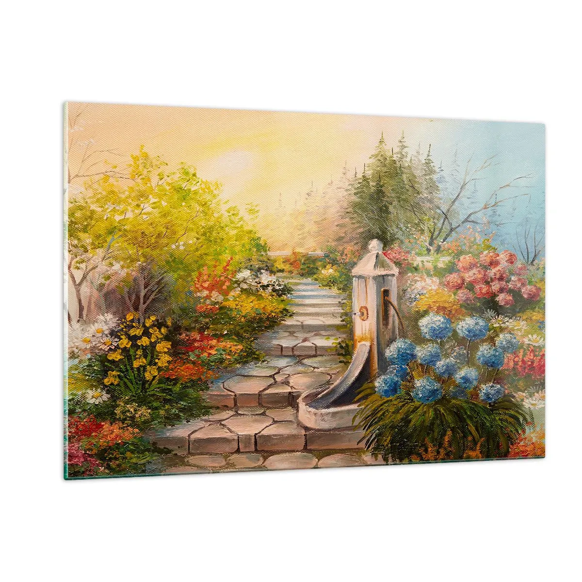 Impression sur verre - Image sur verre - Un jardin fleuri avec une fontaine en pleine floraison - 120x80cm - En pleine floraison - Décoration murale moderne pour le salon et la chambre ARTTOR