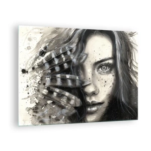 Impression sur verre - Image sur verre - Portrait d'une femme avec des plumes et des détails abstraits - 70x50cm - Beauté sauvage - Décoration murale moderne pour le salon et la chambre ARTTOR