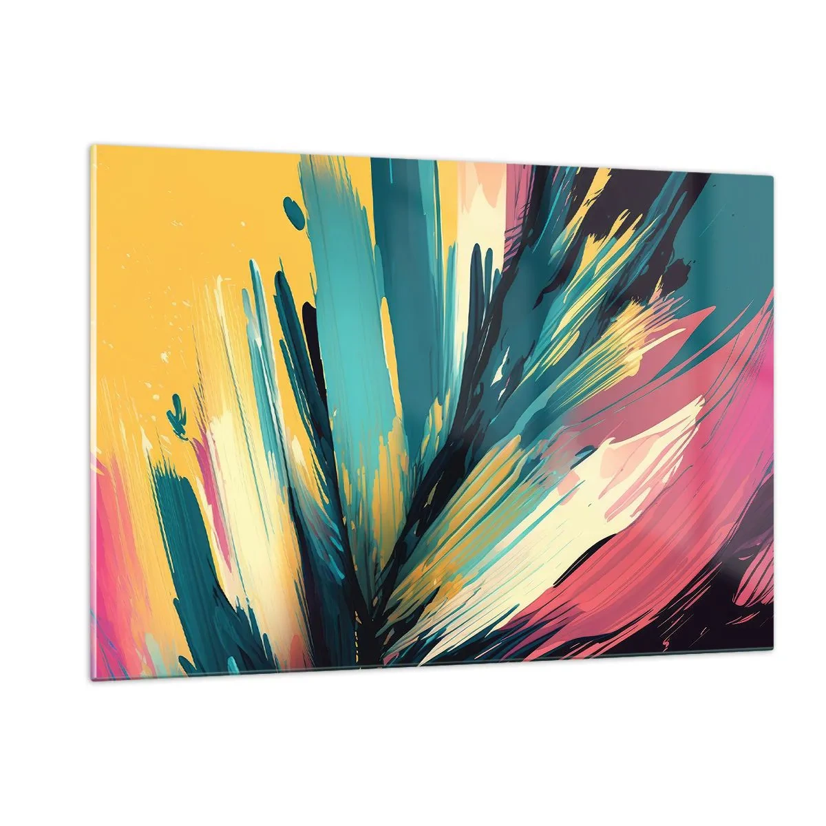 Impression sur verre - Image sur verre - Coups de pinceau dynamiques aux couleurs vibrantes - 120x80cm - Composition – une explosion de joie - Décoration murale moderne pour le salon et la chambre ARTTOR