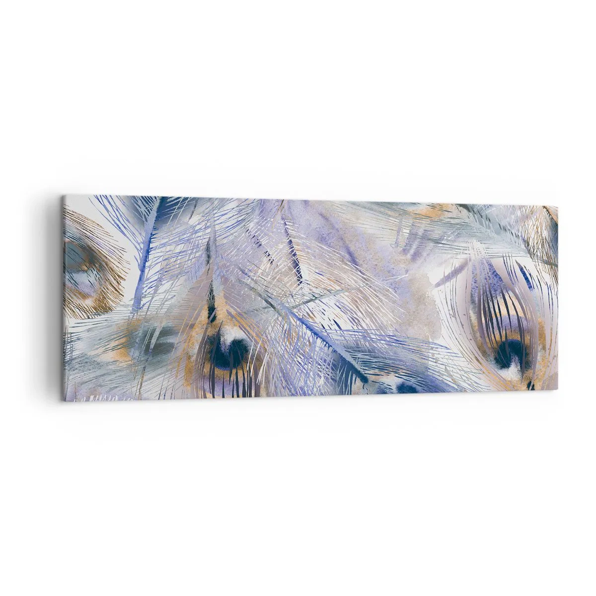Impression sur toile - Image sur toile - Un motif avec des plumes de paon dans des tons de bleu et d'or - 140x50cm - Composition de paon - Décoration murale moderne pour le salon et la chambre ARTTOR