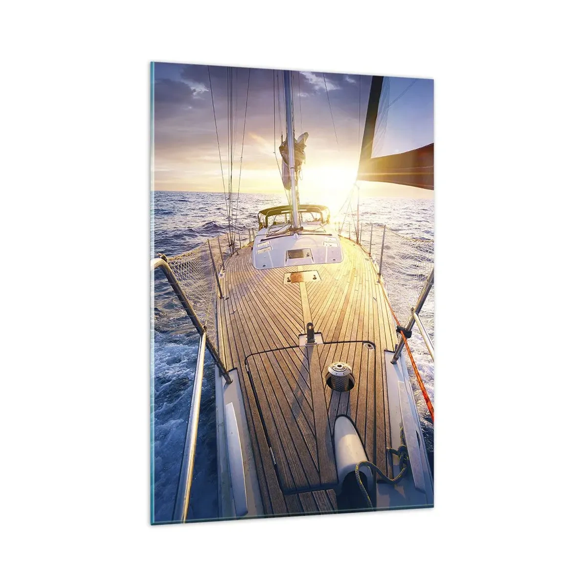 Impression sur verre - Image sur verre - Yacht en mer au coucher du soleil - 80x120cm - Courir sur les vagues - Décoration murale moderne pour le salon et la chambre ARTTOR