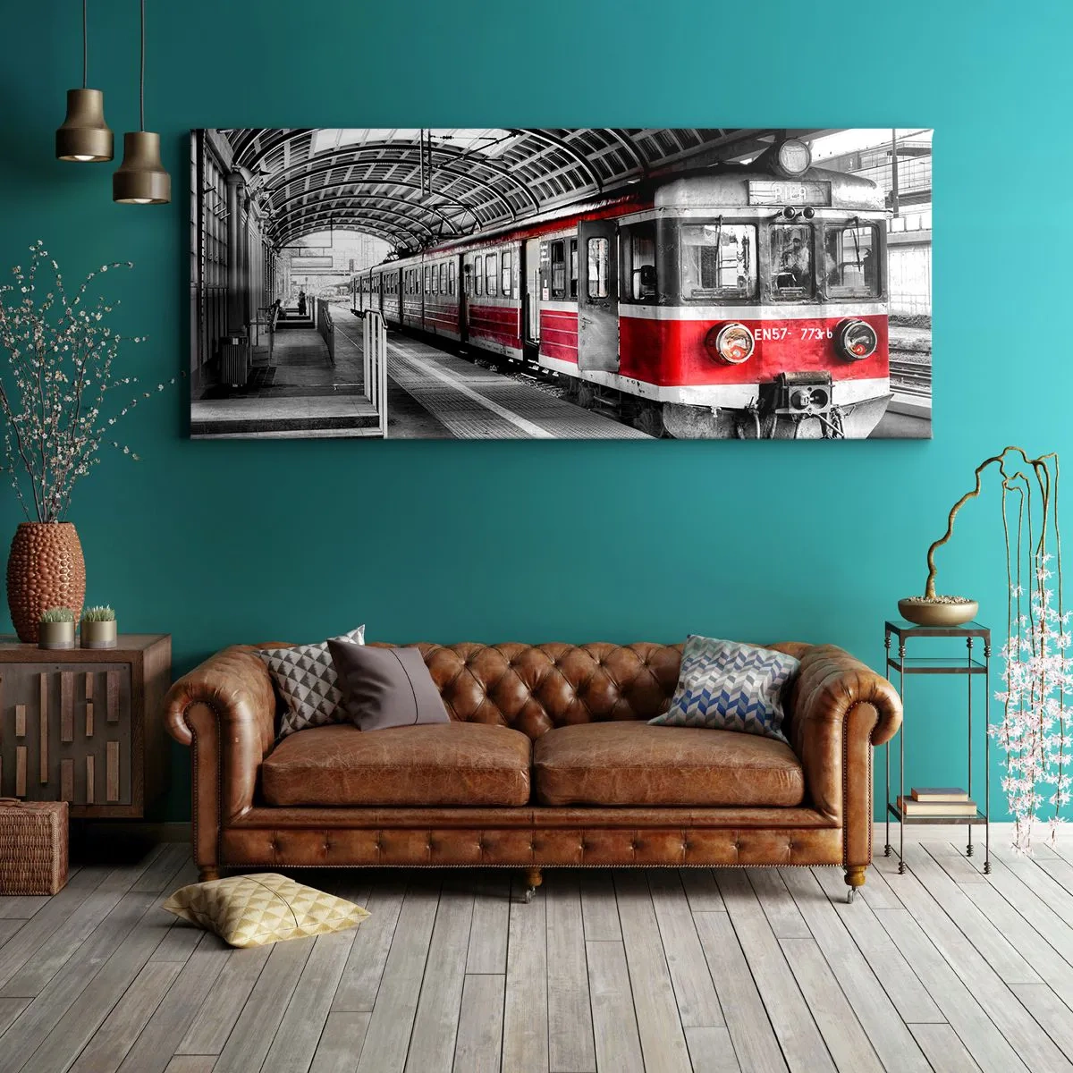 Impression sur toile - Image sur toile - Train rouge à la gare sous un toit - 140x50cm - C'est peut-être le voyage de votre vie ? - Décoration murale moderne pour le salon et la chambre ARTTOR