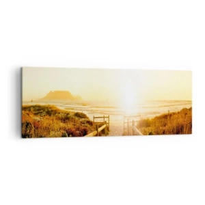 Impression sur toile - Image sur toile - Chemin vers la plage pendant un coucher de soleil doré - 140x50cm - A travers la dune, vers le soleil - Décoration murale moderne pour le salon et la chambre ARTTOR