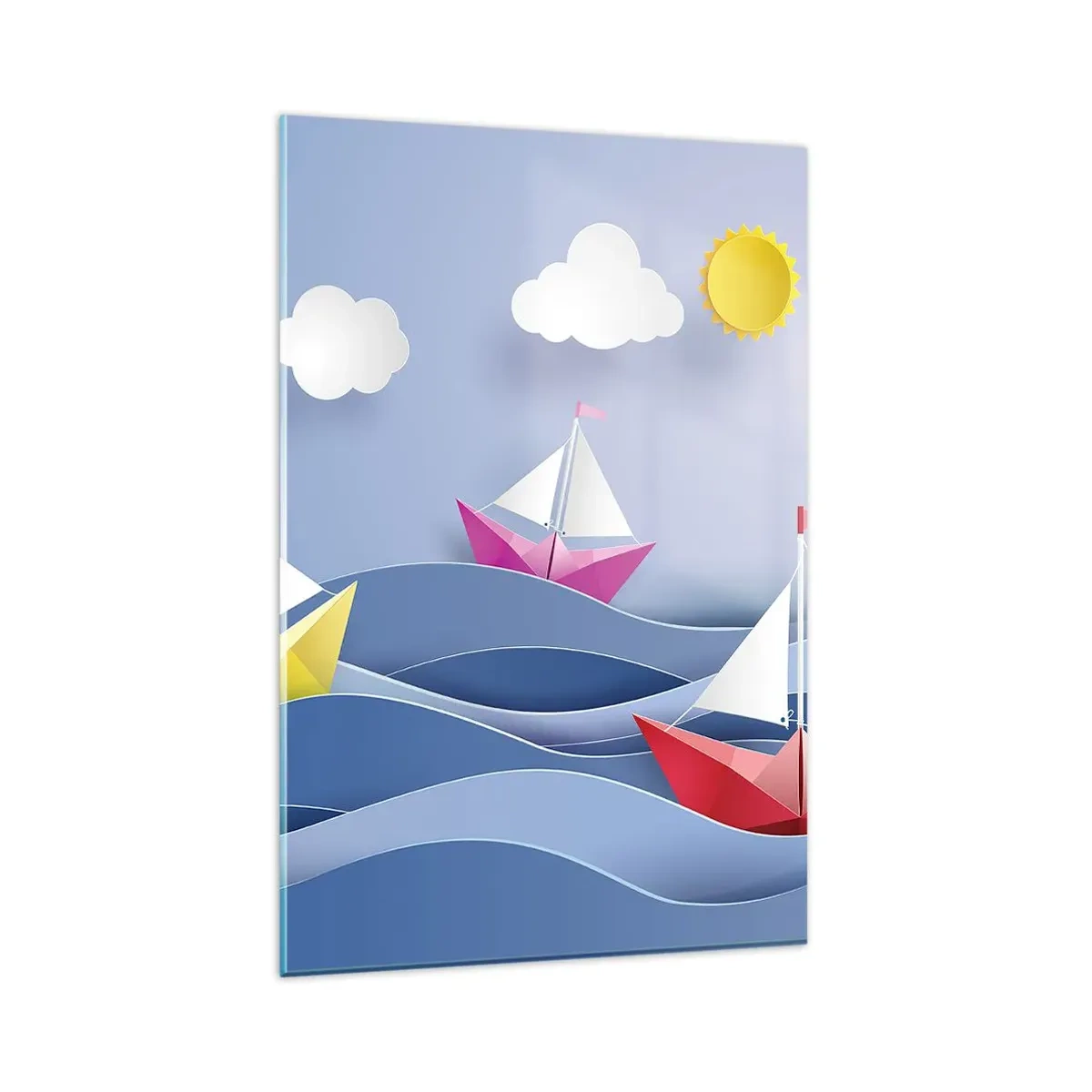 Impression sur verre - Image sur verre - Voiliers colorés sur les vagues par une journée ensoleillée - 80x120cm - Ah qu'il est agréable de se balancer dans les vagues - Décoration murale moderne pour le salon et la chambre ARTTOR