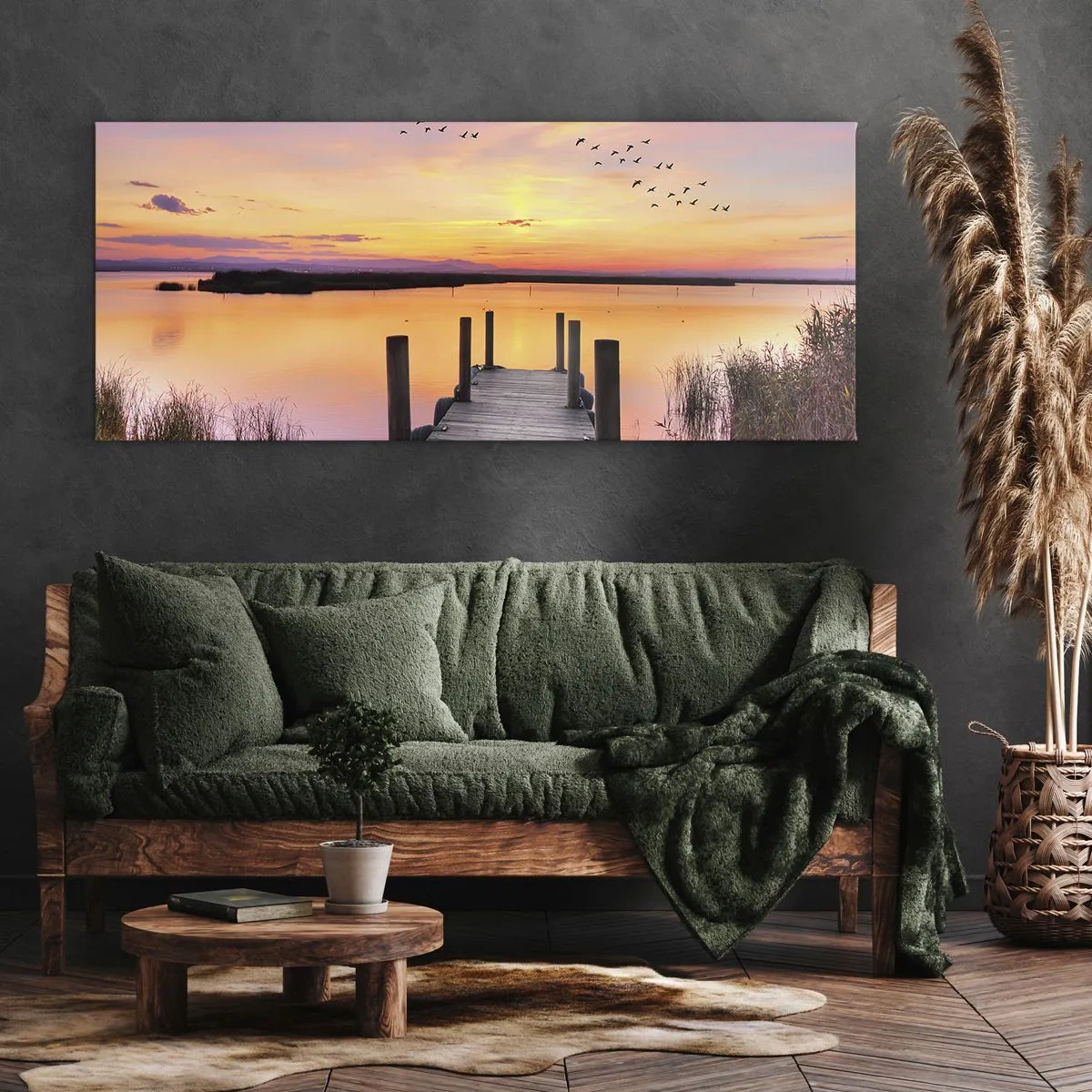 Impression sur toile - Image sur toile - Une jetée sur un lac au coucher du soleil avec des oiseaux dans le ciel - 160x50cm - Aube silencieuse violette - Décoration murale moderne pour le salon et la chambre ARTTOR