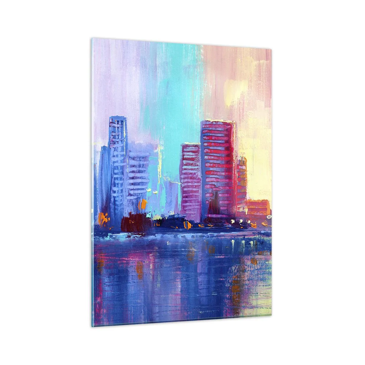 Impression sur verre - Image sur verre - Une ville moderne aux couleurs intenses se reflétant dans l'eau - 50x70cm - Baigné de couleurs - Décoration murale moderne pour le salon et la chambre ARTTOR