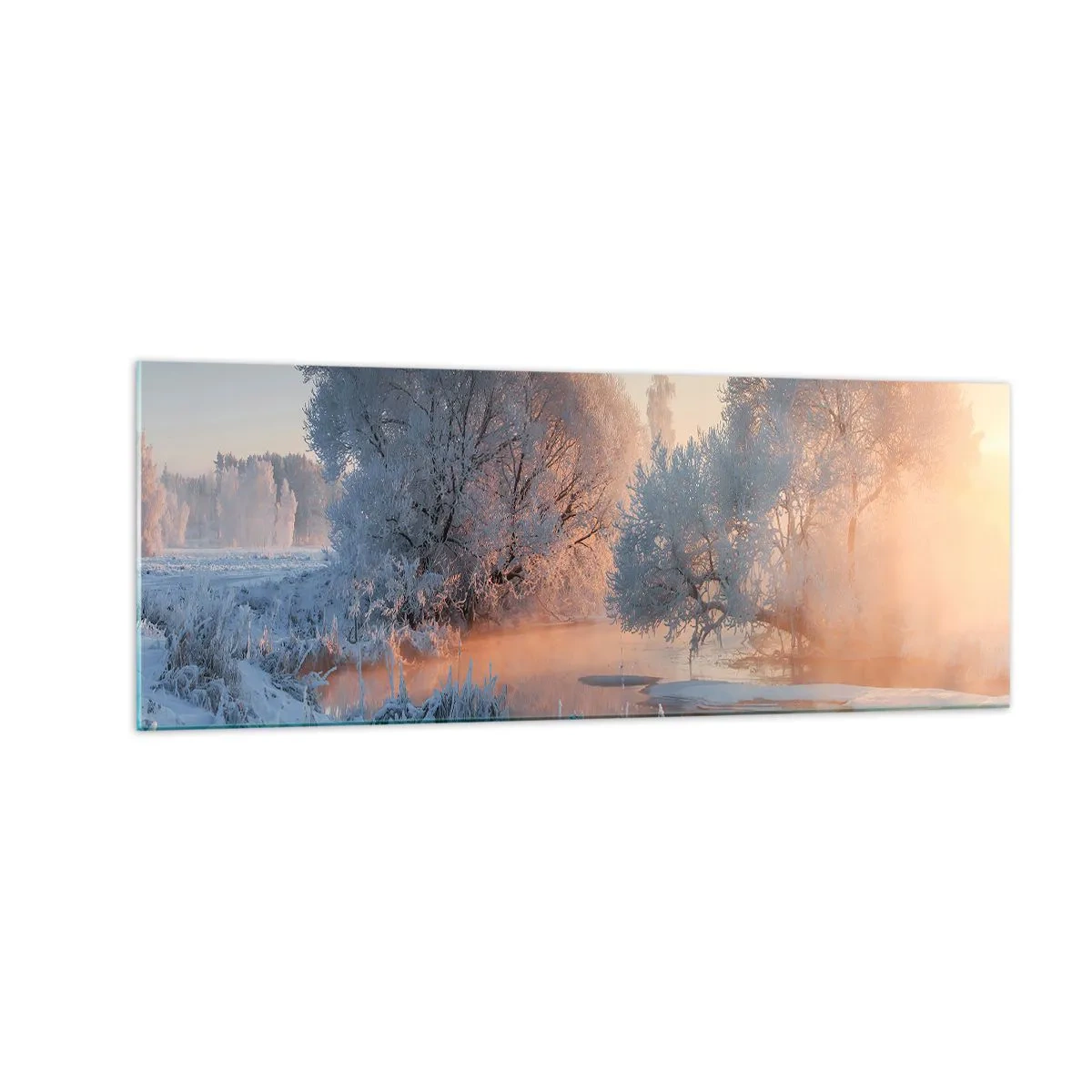 Impression sur verre - Image sur verre - Paysage d'hiver avec des arbres enneigés et un coucher de soleil - 140x50cm - Tout dans le soleil brille en cristal - Décoration murale moderne pour le salon et la chambre ARTTOR