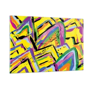 Impression sur verre - Image sur verre - Abstraction intense aux couleurs vives sur fond jaune - 120x80cm - Jusqu'à ce qu'il crie de joie - Décoration murale moderne pour le salon et la chambre ARTTOR