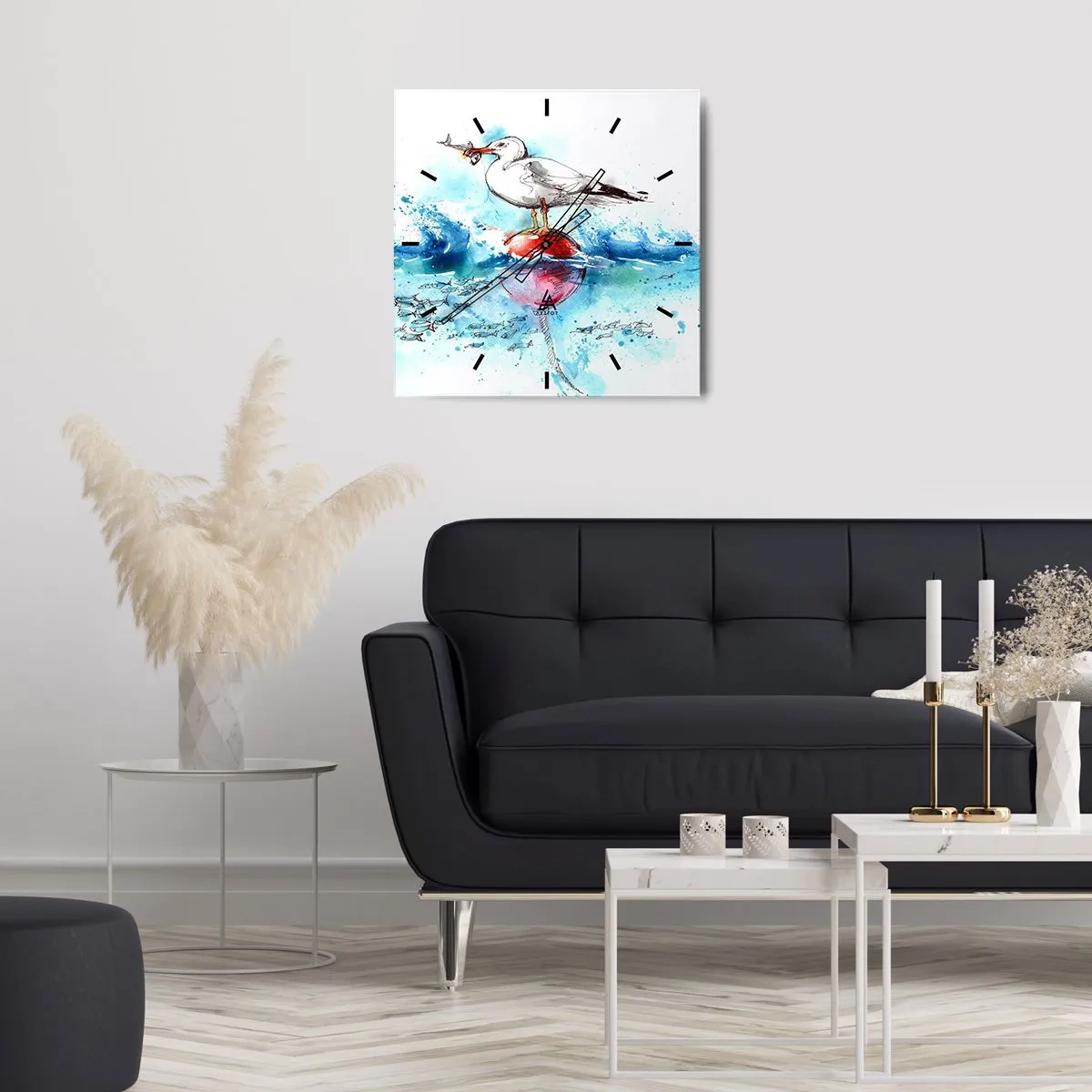 Horloge murale - Pendule murale - Mouette sur une bouée avec des poissons en arrière-plan dans un style aquarelle - 30x30cm - Prise réussie - Décoration murale moderne pour le salon et la chambre ARTTOR