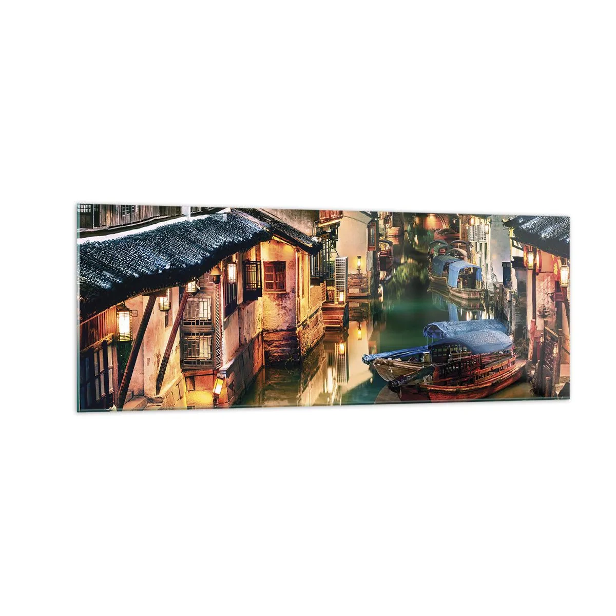 Impression sur verre - Image sur verre - Vue nocturne des canaux avec bateaux et maisons traditionnels - 140x50cm - Soirée dans une rue chinoise - Décoration murale moderne pour le salon et la chambre ARTTOR