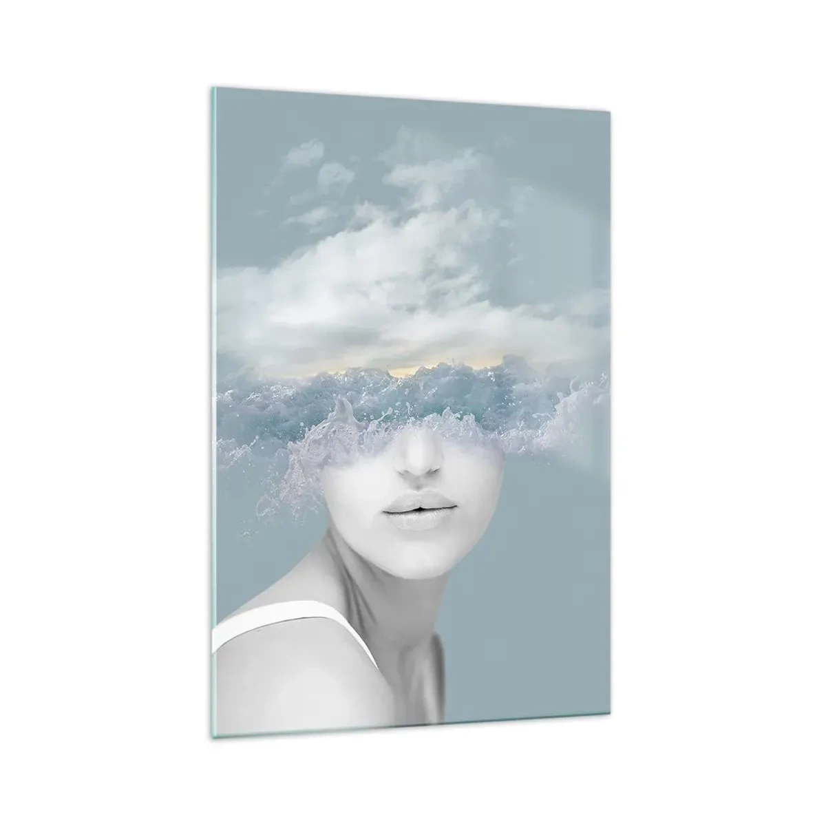 Impression sur verre - Image sur verre - Portrait d'une femme avec son visage caché derrière les nuages et les vagues - 70x100cm - La tête dans les nuages - Décoration murale moderne pour le salon et la chambre ARTTOR